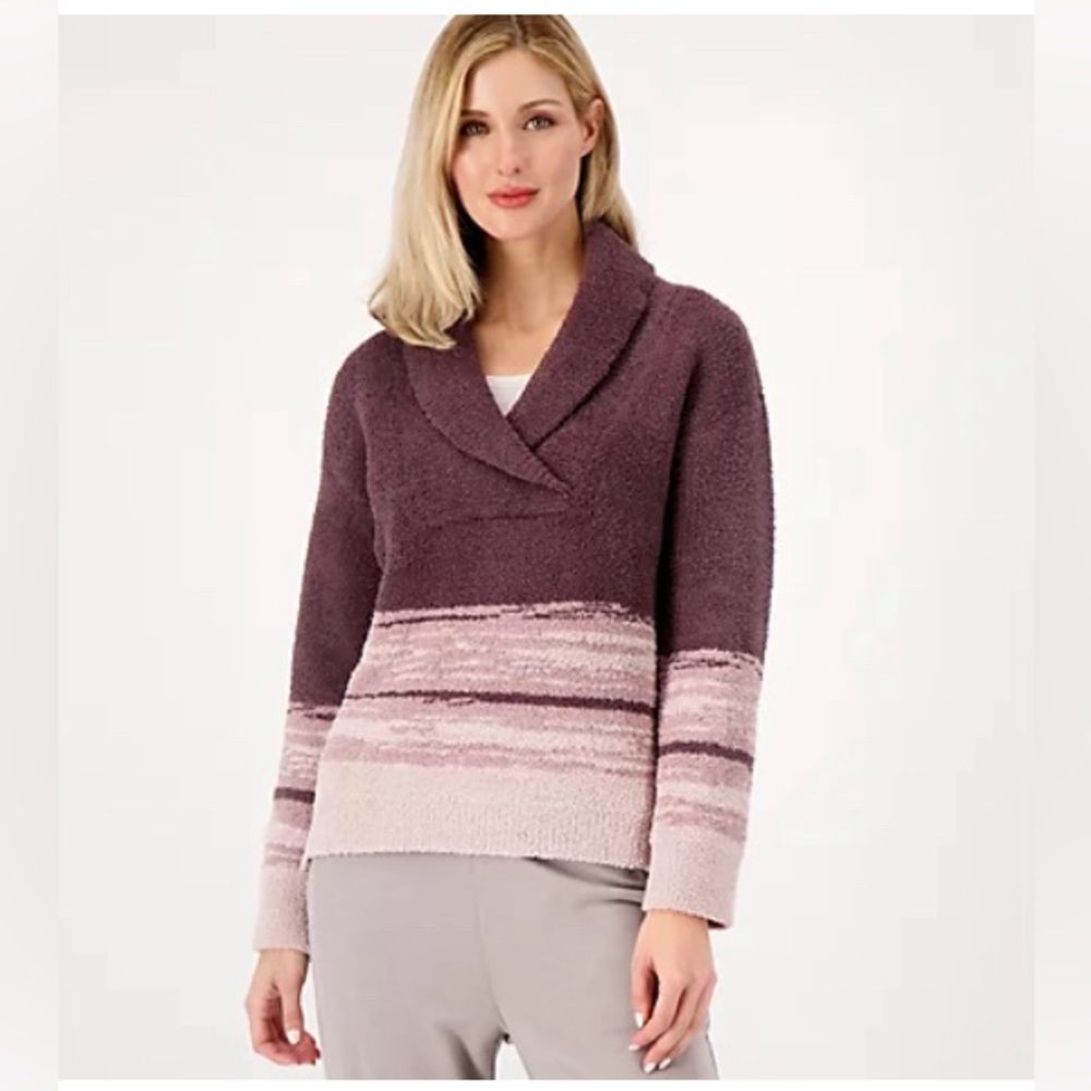 Barefoot Dreams CozyChic Shawl Collar Sweater Dk Violet Faded Rose L